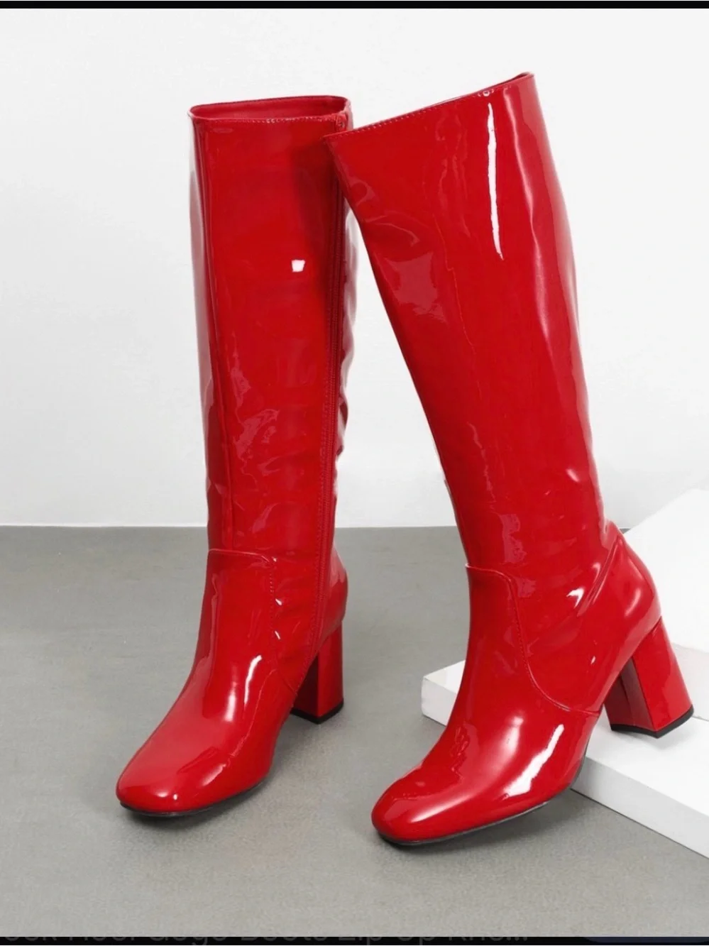 Red Patent Knee-High Block Heel Boots